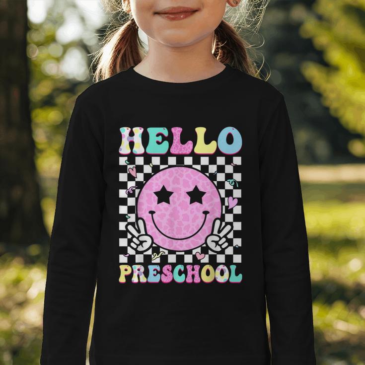Hello Preschool Groovy Back To School Pre-K Team Girls Kids Graphic Toddler Long Sleeve Tee Hello Preschool Groovy Back To School Pre-K Team Girls Kids Graphic Toddler Long Sleeve Tee