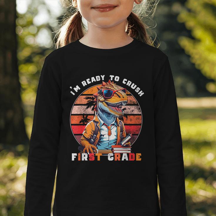 I'm Ready To Crush First Grade DinosaurRex Back To School Graphic Toddler Long Sleeve Tee I'm Ready To Crush First Grade DinosaurRex Back To School Graphic Toddler Long Sleeve Tee