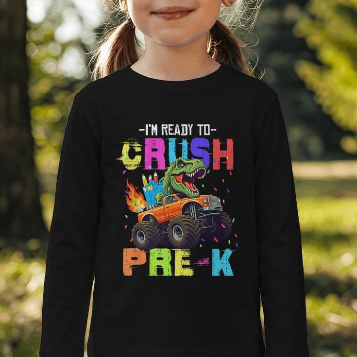 I'm Ready To Crush Pre-k Dinosaur Truck Back To School Boys Graphic Toddler Long Sleeve Tee I'm Ready To Crush Pre-k Dinosaur Truck Back To School Boys Graphic Toddler Long Sleeve Tee