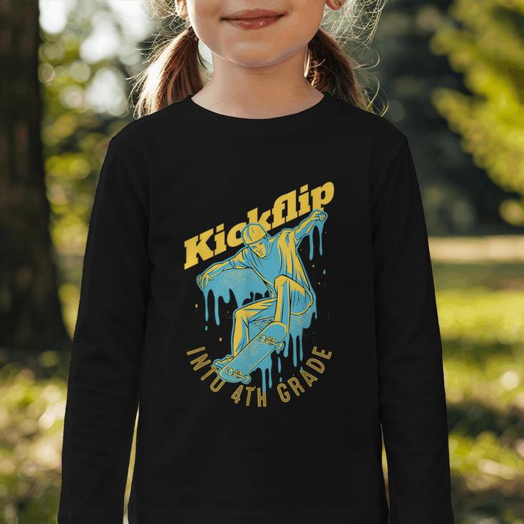Kickflip Into 4th Grade Skateboard Lover Back To School Graphic Toddler Long Sleeve Tee Kickflip Into 4th Grade Skateboard Lover Back To School Graphic Toddler Long Sleeve Tee