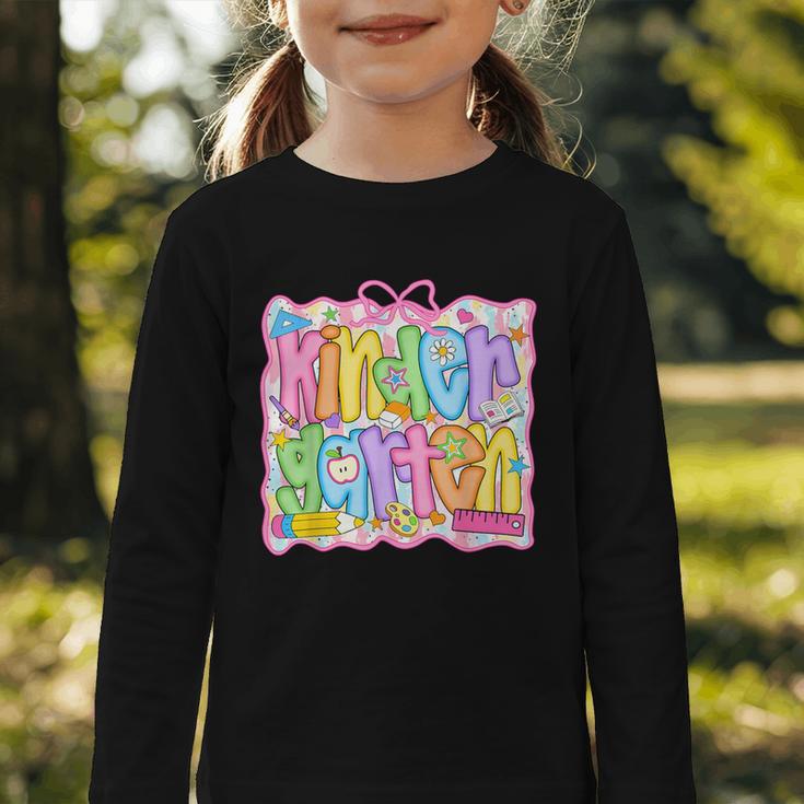 Kindergarten Coquette Bow Back To School Kinder Girl Kids Graphic Toddler Long Sleeve Tee Kindergarten Coquette Bow Back To School Kinder Girl Kids Graphic Toddler Long Sleeve Tee