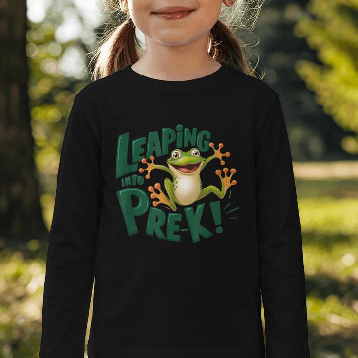 Leaping Into Pre-K Jumping Tree Frog Back To School Fun Graphic Toddler Long Sleeve Tee Leaping Into Pre-K Jumping Tree Frog Back To School Fun Graphic Toddler Long Sleeve Tee
