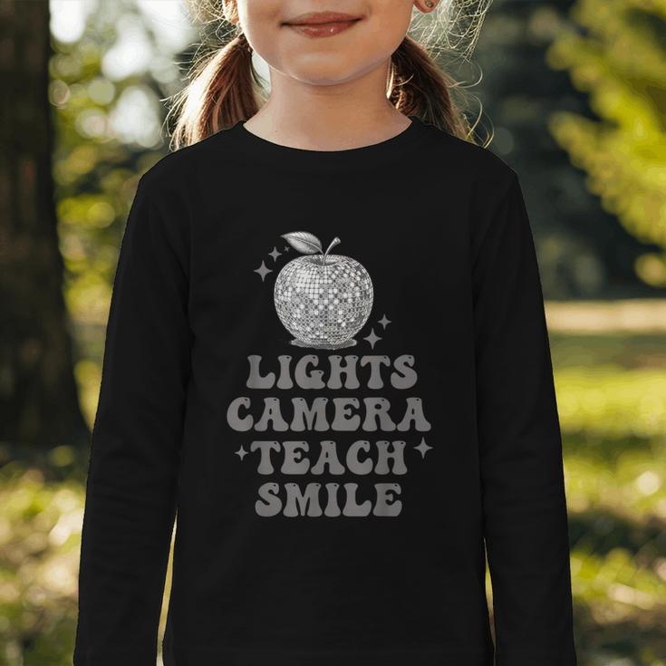 Lights Camera Teach Smile Disco-Ball Back To School Outfit Graphic Toddler Long Sleeve Tee Lights Camera Teach Smile Disco-Ball Back To School Outfit Graphic Toddler Long Sleeve Tee