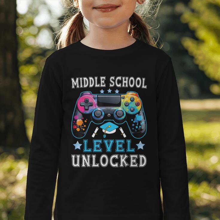 Middle School Level Unlocked Gamer First Day Back To School Graphic Toddler Long Sleeve Tee Middle School Level Unlocked Gamer First Day Back To School Graphic Toddler Long Sleeve Tee