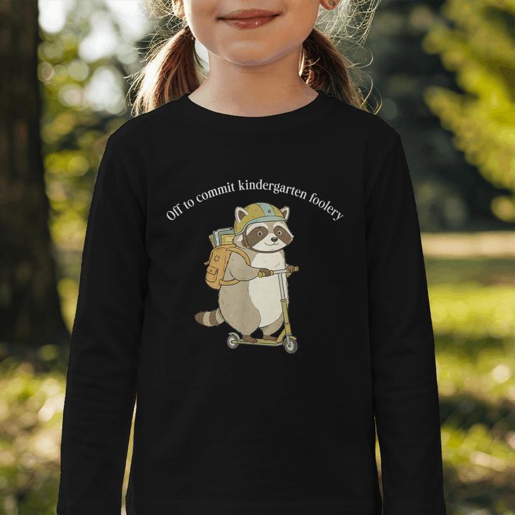 Off To Commit Kindergarten Foolery Raccoon Back To School Graphic Toddler Long Sleeve Tee