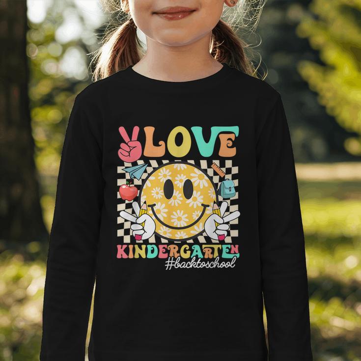 Peace Love Kindergarten Smile Face Back To School Girls Kids Graphic Toddler Long Sleeve Tee Peace Love Kindergarten Smile Face Back To School Girls Kids Graphic Toddler Long Sleeve Tee
