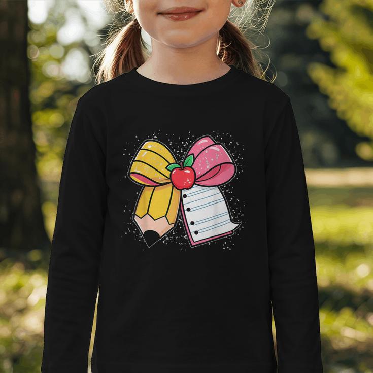 Pencil Coquette Bow Happy First Day Of School Back To School Graphic Toddler Long Sleeve Tee