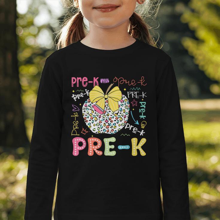 Pre-K Typography First Day Back To School Leopard Apple Graphic Toddler Long Sleeve Tee