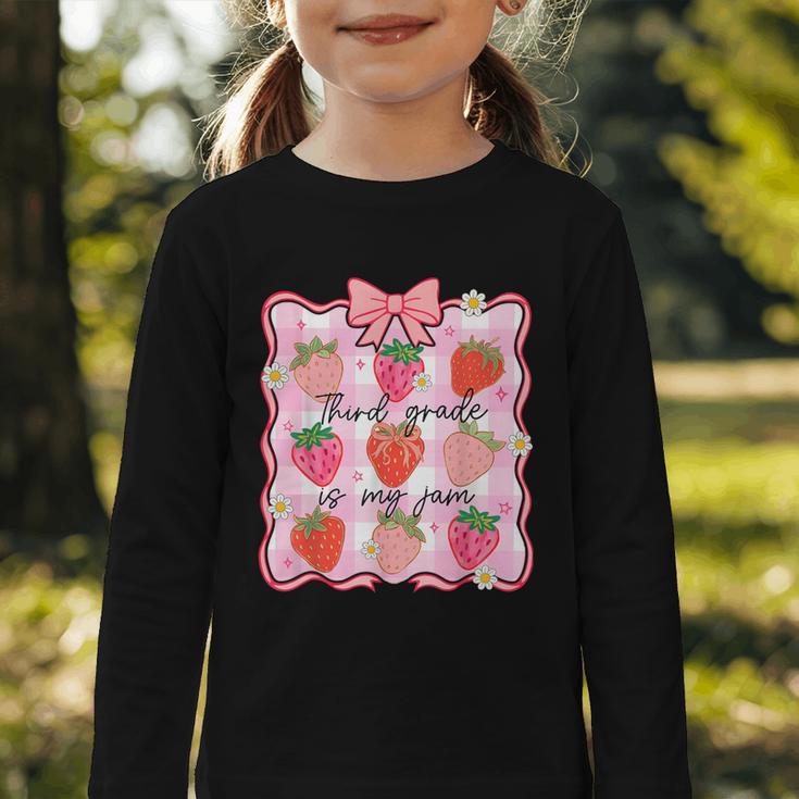Preppy Back To School 3rd Grade Is My Jam Strawberry Bow Graphic Toddler Long Sleeve Tee