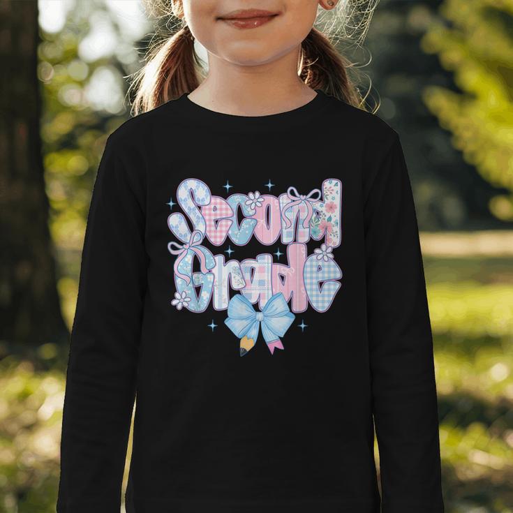 Preppy Second Grade First Day Back To School 2nd Grade Bow Graphic Toddler Long Sleeve Tee