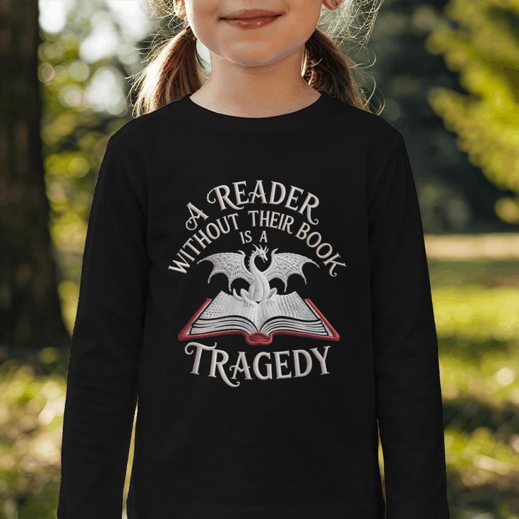 A Reader Without Their Book Is a Tragedy Back To School Graphic Toddler Long Sleeve Tee