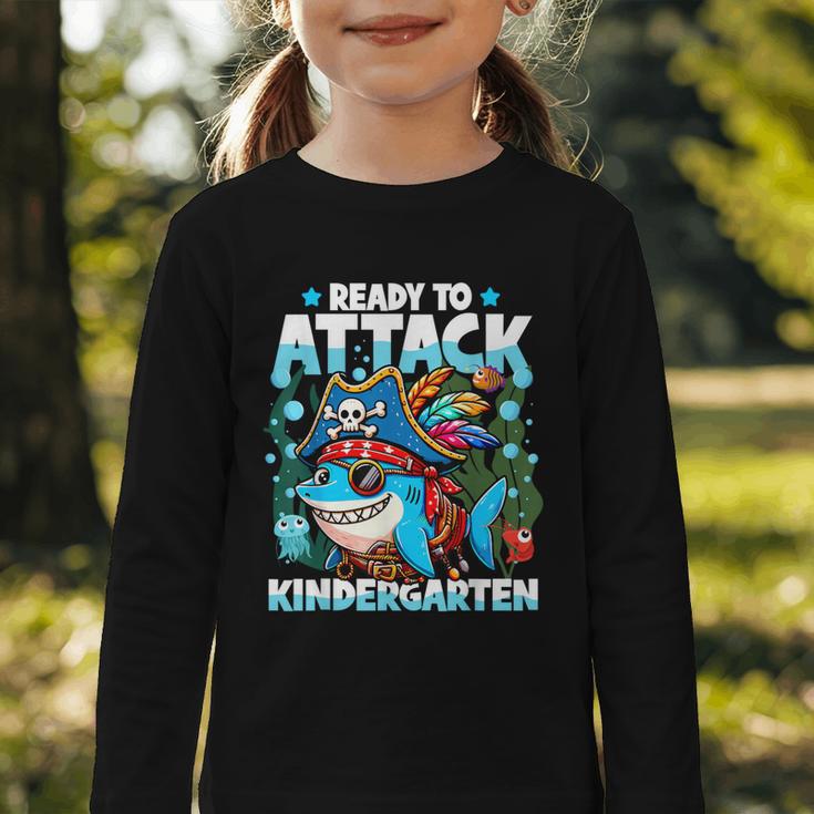 Ready To Attack Kindergarten Pirate Shark Back To School Graphic Toddler Long Sleeve Tee Ready To Attack Kindergarten Pirate Shark Back To School Graphic Toddler Long Sleeve Tee