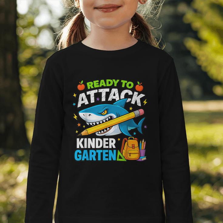 Ready To Attack Kindergarten Shark Back To School Kids Graphic Toddler Long Sleeve Tee Ready To Attack Kindergarten Shark Back To School Kids Graphic Toddler Long Sleeve Tee