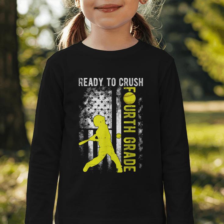 Ready To Crush Fourth Grade Softball USA Flag Back To School Graphic Toddler Long Sleeve Tee