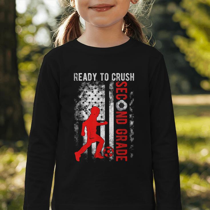 Ready To Crush Second Grade Soccer USA Flag Back To School Graphic Toddler Long Sleeve Tee