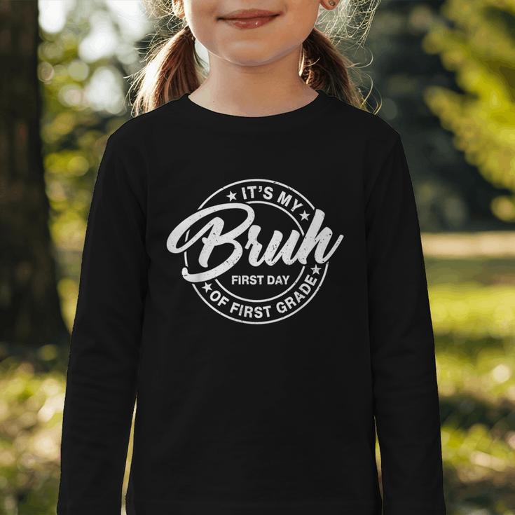 Retro Bruh Its My First Day Of 1st Grade Back To School Kids Graphic Toddler Long Sleeve Tee Retro Bruh Its My First Day Of 1st Grade Back To School Kids Graphic Toddler Long Sleeve Tee