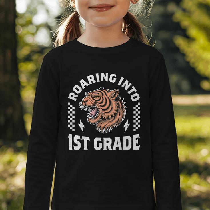 Roaring Into 1st Grade Roaring Tiger Back To School Boy Girl Graphic Toddler Long Sleeve Tee Roaring Into 1st Grade Roaring Tiger Back To School Boy Girl Graphic Toddler Long Sleeve Tee
