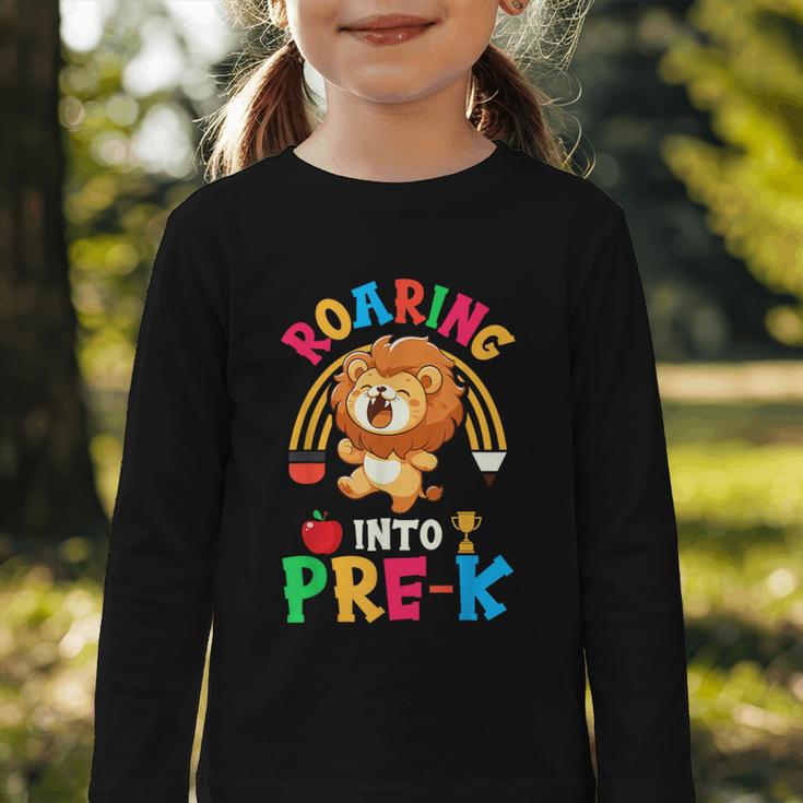 Roaring Into Pre-Kindergarten Lion Pre K Back To School Graphic Toddler Long Sleeve Tee