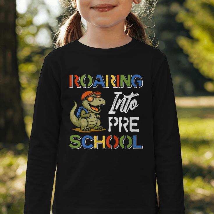 Roaring Into Preschool First Day Back To School Students Graphic Toddler Long Sleeve Tee