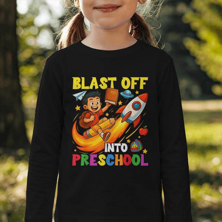 Rocket Blast Off Into Preschool Back To School Graphic Toddler Long Sleeve Tee Rocket Blast Off Into Preschool Back To School Graphic Toddler Long Sleeve Tee