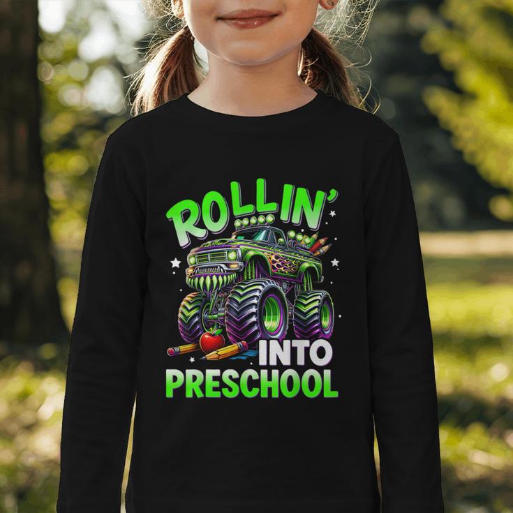 Rollin' Into Preschool Monster Truck Back To School Boys Graphic Toddler Long Sleeve Tee Rollin' Into Preschool Monster Truck Back To School Boys Graphic Toddler Long Sleeve Tee