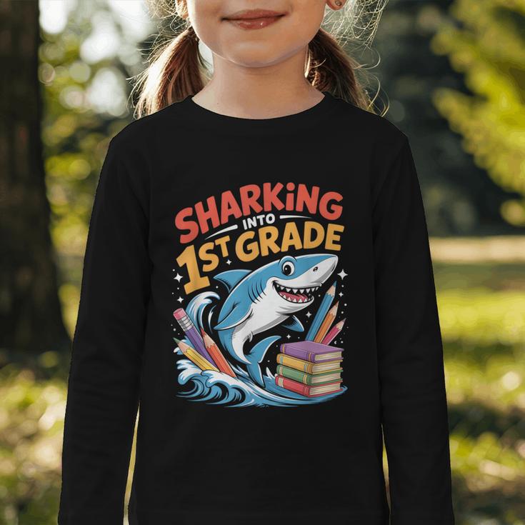 Sharking Into 1st Grade Back To School Shark Graphic Toddler Long Sleeve Tee Sharking Into 1st Grade Back To School Shark Graphic Toddler Long Sleeve Tee