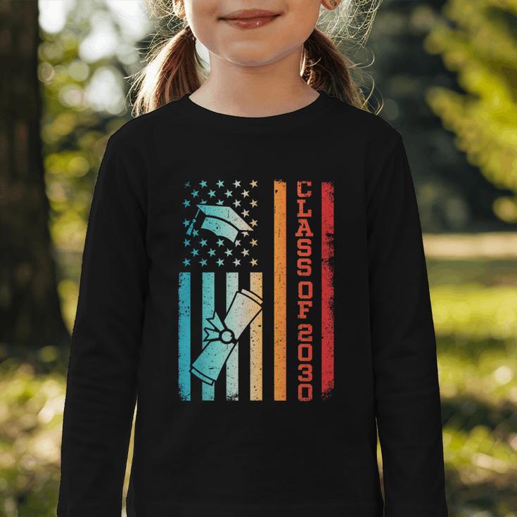 Vintage Class Of 2030 Graduation Back To School USA Flag Graphic Toddler Long Sleeve Tee Vintage Class Of 2030 Graduation Back To School USA Flag Graphic Toddler Long Sleeve Tee