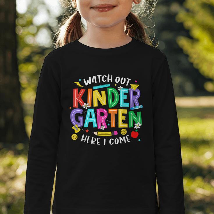 Watch Out Kindergarten Here I Come Kinder Back To School Kid Graphic Toddler Long Sleeve Tee Watch Out Kindergarten Here I Come Kinder Back To School Kid Graphic Toddler Long Sleeve Tee