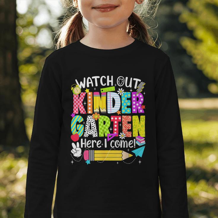 Watch Out Kindergarten Here I Come Kinder Back To School Graphic Toddler Long Sleeve Tee Watch Out Kindergarten Here I Come Kinder Back To School Graphic Toddler Long Sleeve Tee