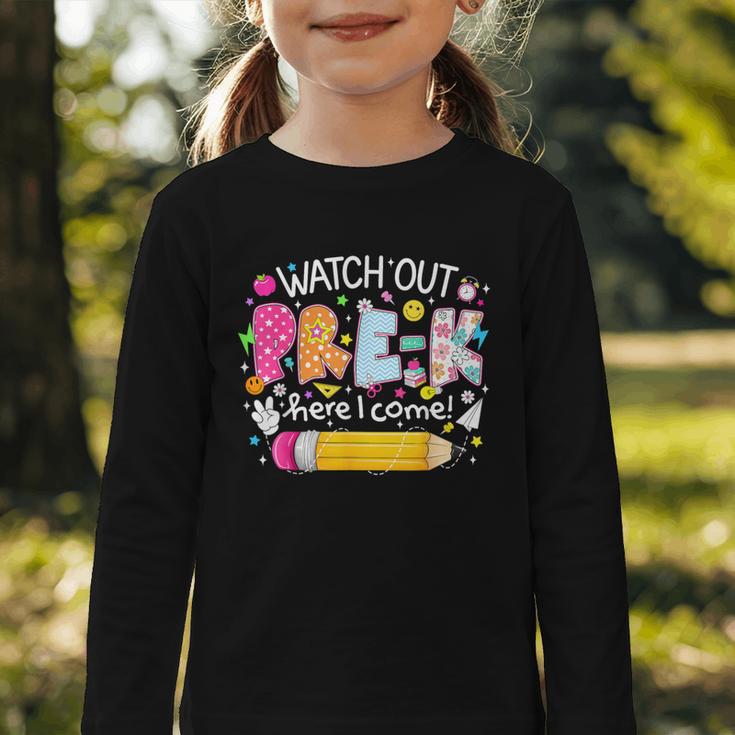 Watch Out Pre-K Here I Come Back To School Boy Girl Kids Graphic Toddler Long Sleeve Tee