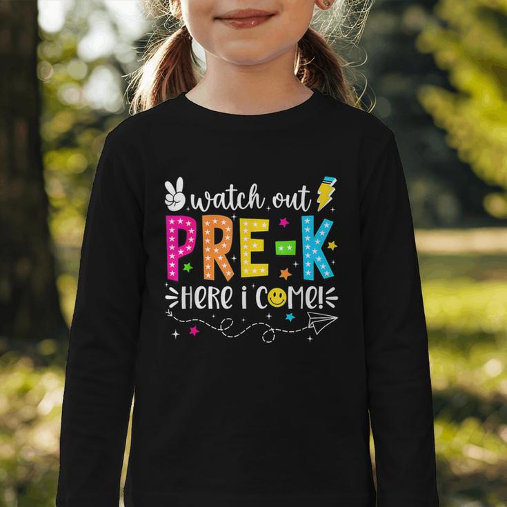 Watch Out Pre-K Here I Come Back To School Boys Girls Kids Graphic Toddler Long Sleeve Tee Watch Out Pre-K Here I Come Back To School Boys Girls Kids Graphic Toddler Long Sleeve Tee