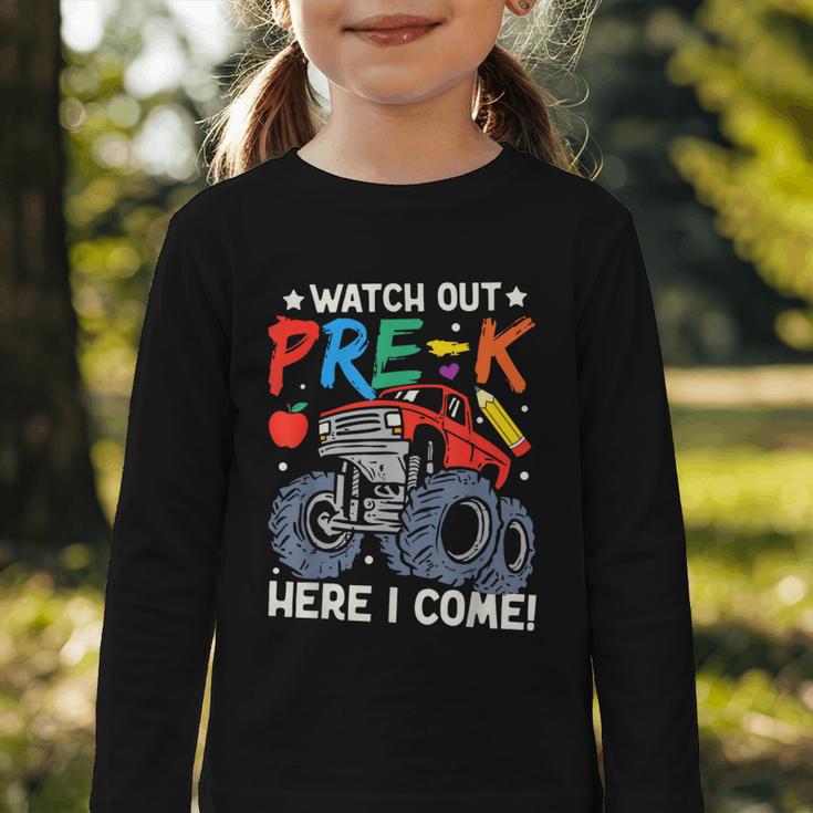 Watch Out Pre-K Here I Come Monster Truck Back To School Graphic Toddler Long Sleeve Tee Watch Out Pre-K Here I Come Monster Truck Back To School Graphic Toddler Long Sleeve Tee