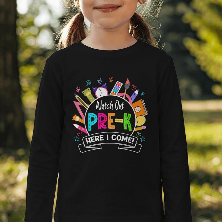 Watch Out Pre-Kindergarten Here I Come Back To School Pre-K Graphic Toddler Long Sleeve Tee