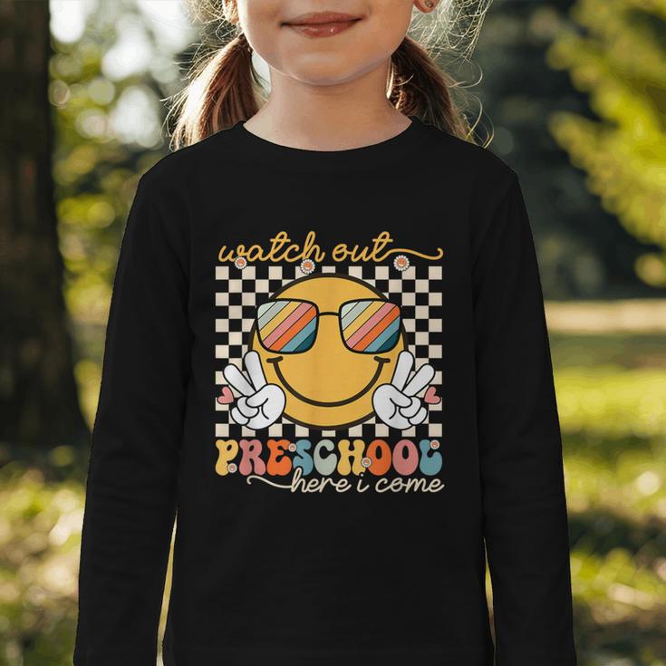 Watch Out Preschool Grade Here I Come Back To School Graphic Toddler Long Sleeve Tee