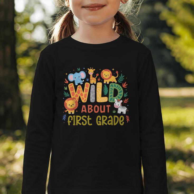 Wild About First Grade Safari Jungle Animals Back To School Graphic Toddler Long Sleeve Tee Wild About First Grade Safari Jungle Animals Back To School Graphic Toddler Long Sleeve Tee