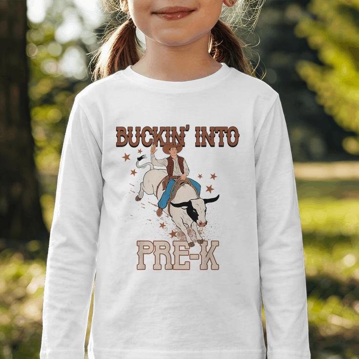 Buckin' Into Pre-K Back To School Cowboy Western Graphic Toddler Long Sleeve Tee Buckin' Into Pre-K Back To School Cowboy Western Graphic Toddler Long Sleeve Tee