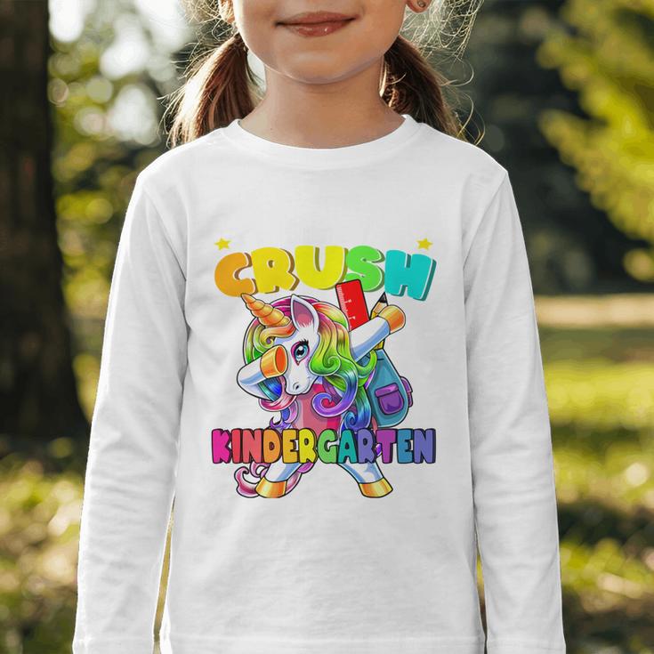 Crush Kindergarten Dabbing Unicorn Back To School Girls Performance Graphic Toddler Long Sleeve Tee