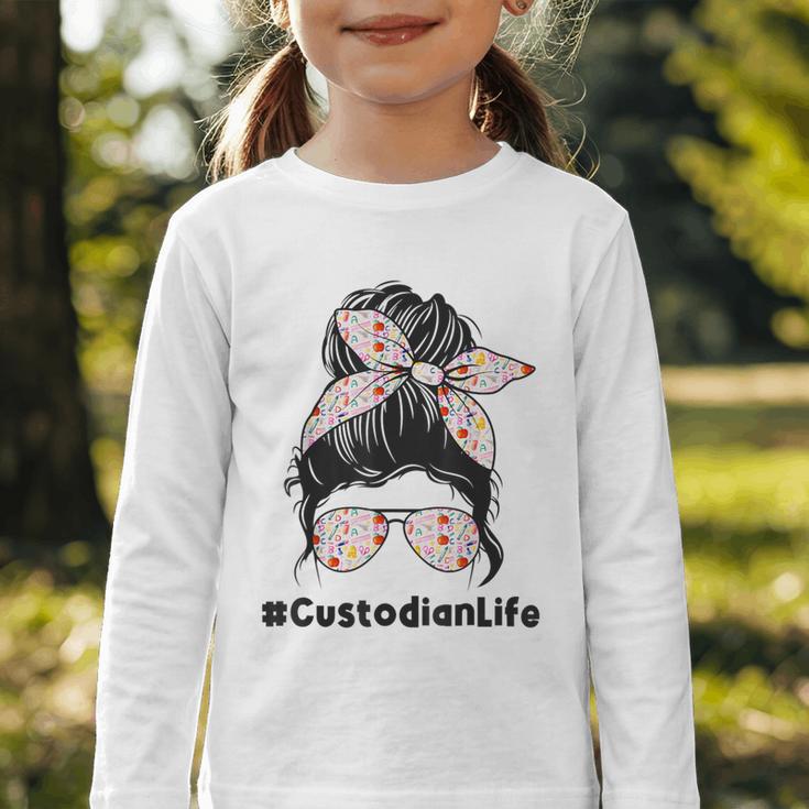 Custodian Life Messy Bun Hair Glasses Leopard Back To School Graphic Toddler Long Sleeve Tee Custodian Life Messy Bun Hair Glasses Leopard Back To School Graphic Toddler Long Sleeve Tee