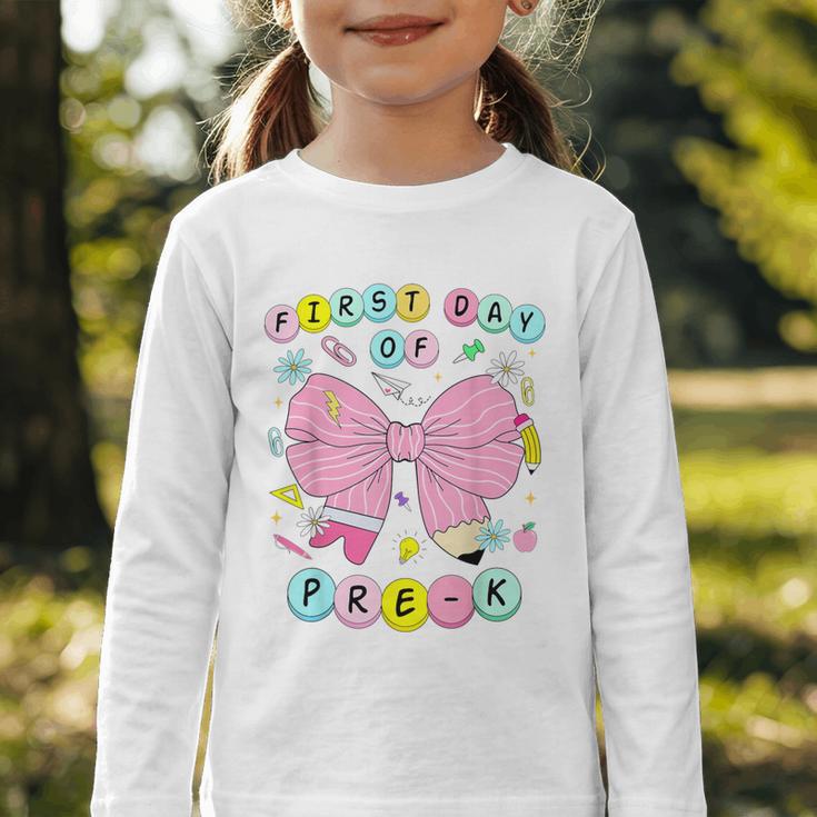 First Day Of Pre-K Girls Coquette Bow Back To School Kids Graphic Toddler Long Sleeve Tee First Day Of Pre-K Girls Coquette Bow Back To School Kids Graphic Toddler Long Sleeve Tee