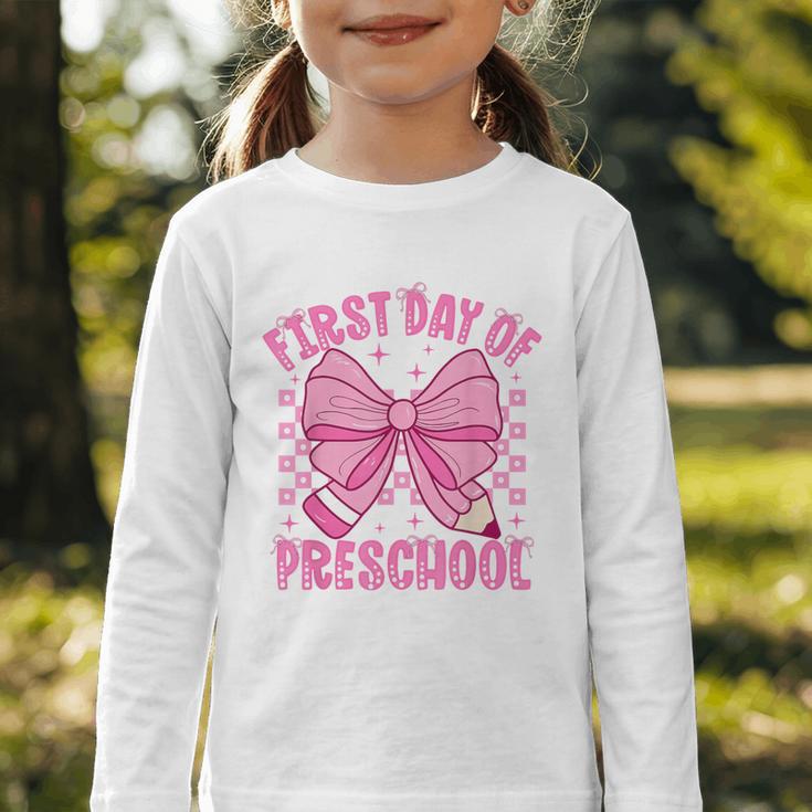 First Day Of Preschool Coquette Bow Back To School Girls Graphic Toddler Long Sleeve Tee
