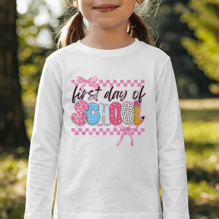 Girl First Day Of School Coquette Bow Pink Back To School Graphic Toddler Long Sleeve Tee