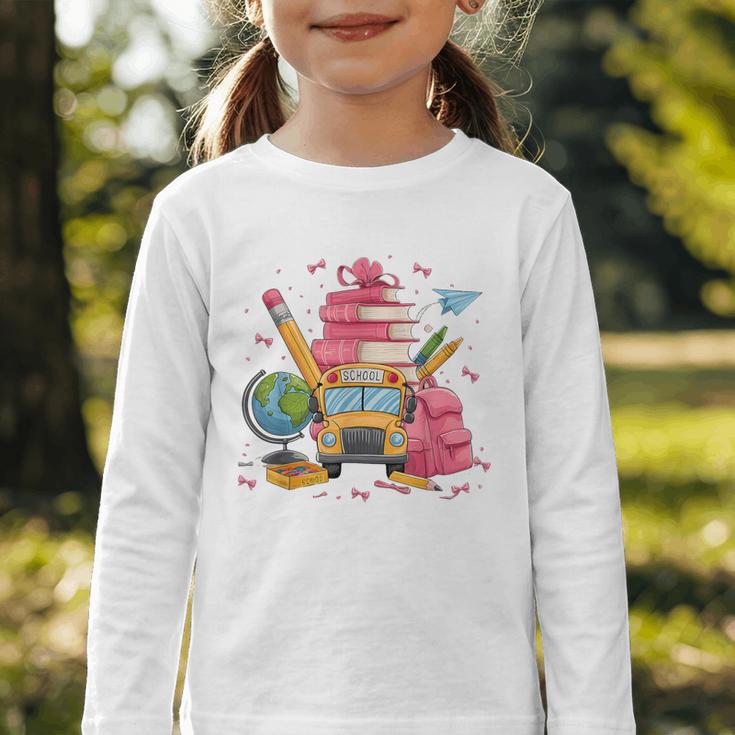 Girls Cute Pink Bows Coquette Aesthetic Back To School Graphic Toddler Long Sleeve Tee