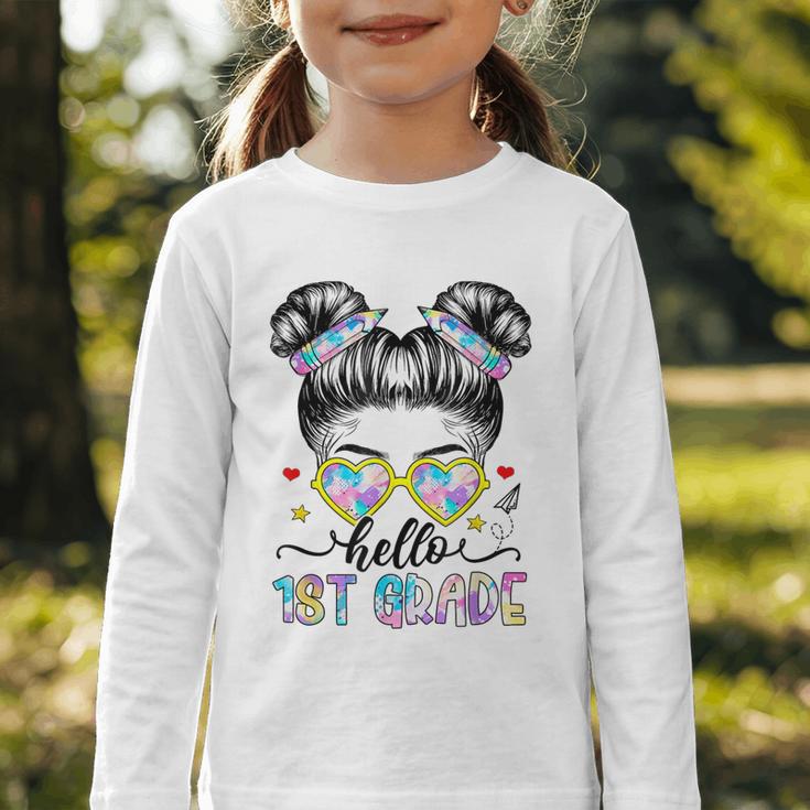 Hello 1st Grade Messy Bun Girl Back To School First Day Graphic Toddler Long Sleeve Tee Hello 1st Grade Messy Bun Girl Back To School First Day Graphic Toddler Long Sleeve Tee