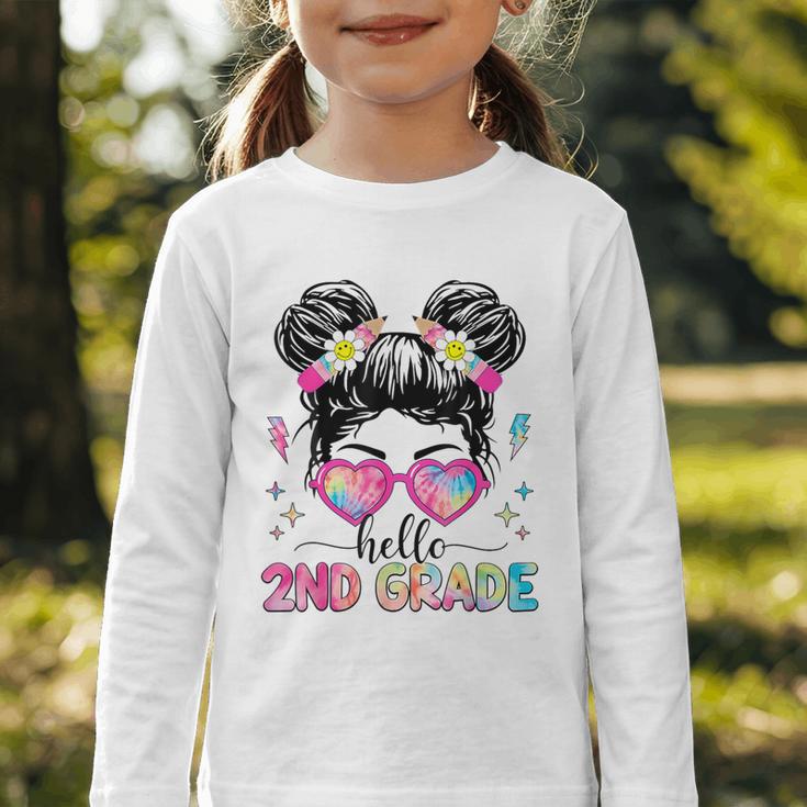 Hello 2nd Grade Messy Bun Back To School First Day Girl Kids Graphic Toddler Long Sleeve Tee Hello 2nd Grade Messy Bun Back To School First Day Girl Kids Graphic Toddler Long Sleeve Tee