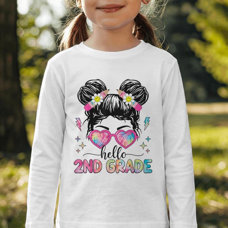 Hello 2nd Grade Messy Bun Girl Back To School First Day Graphic Toddler Long Sleeve Tee Hello 2nd Grade Messy Bun Girl Back To School First Day Graphic Toddler Long Sleeve Tee