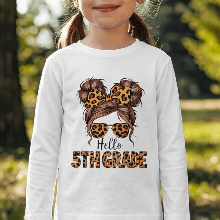 Hello 5th Grade Messy Hair Bun Girl Back To School First Day Graphic Toddler Long Sleeve Tee