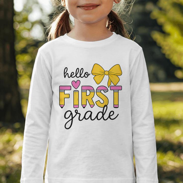 Hello First Grade For Girls Boys Cute Back To School Pencil Graphic Toddler Long Sleeve Tee Hello First Grade For Girls Boys Cute Back To School Pencil Graphic Toddler Long Sleeve Tee