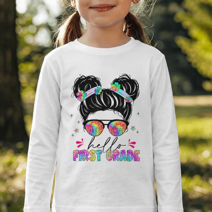 Hello First Grade Shirt Messy Bun Tie Dye Back To School Graphic Toddler Long Sleeve Tee