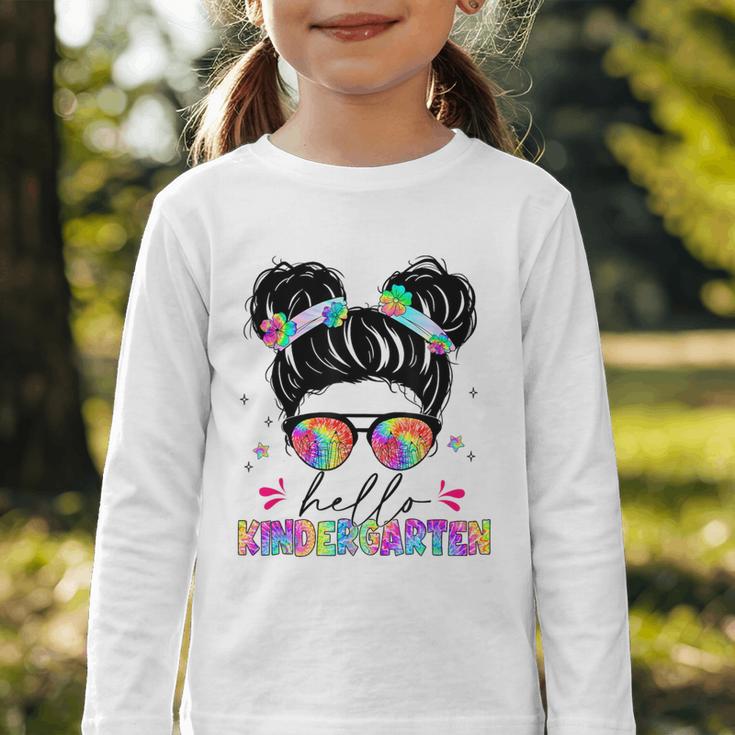 Hello Kindergarten Shirt Messy Bun Tie Dye Back To School Graphic Toddler Long Sleeve Tee Hello Kindergarten Shirt Messy Bun Tie Dye Back To School Graphic Toddler Long Sleeve Tee