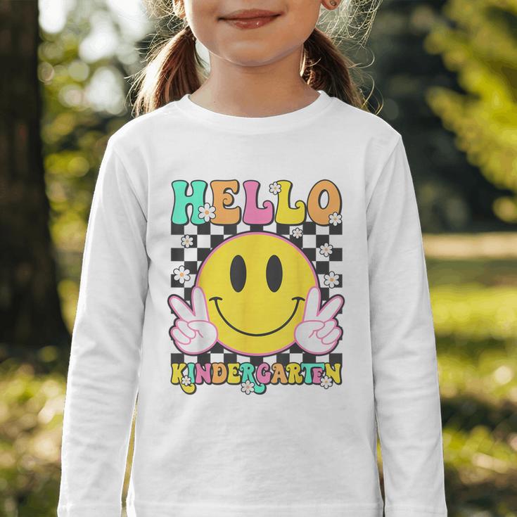 Hello Kindergarten Smile Face Back To School Girl Kid Graphic Toddler Long Sleeve Tee Hello Kindergarten Smile Face Back To School Girl Kid Graphic Toddler Long Sleeve Tee